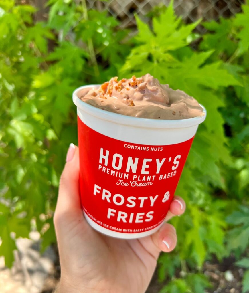 Afternoon in Leslieville | Close up shot of a pint of Honey's Frost & Fries ice cream with a red label | Homes Almanac