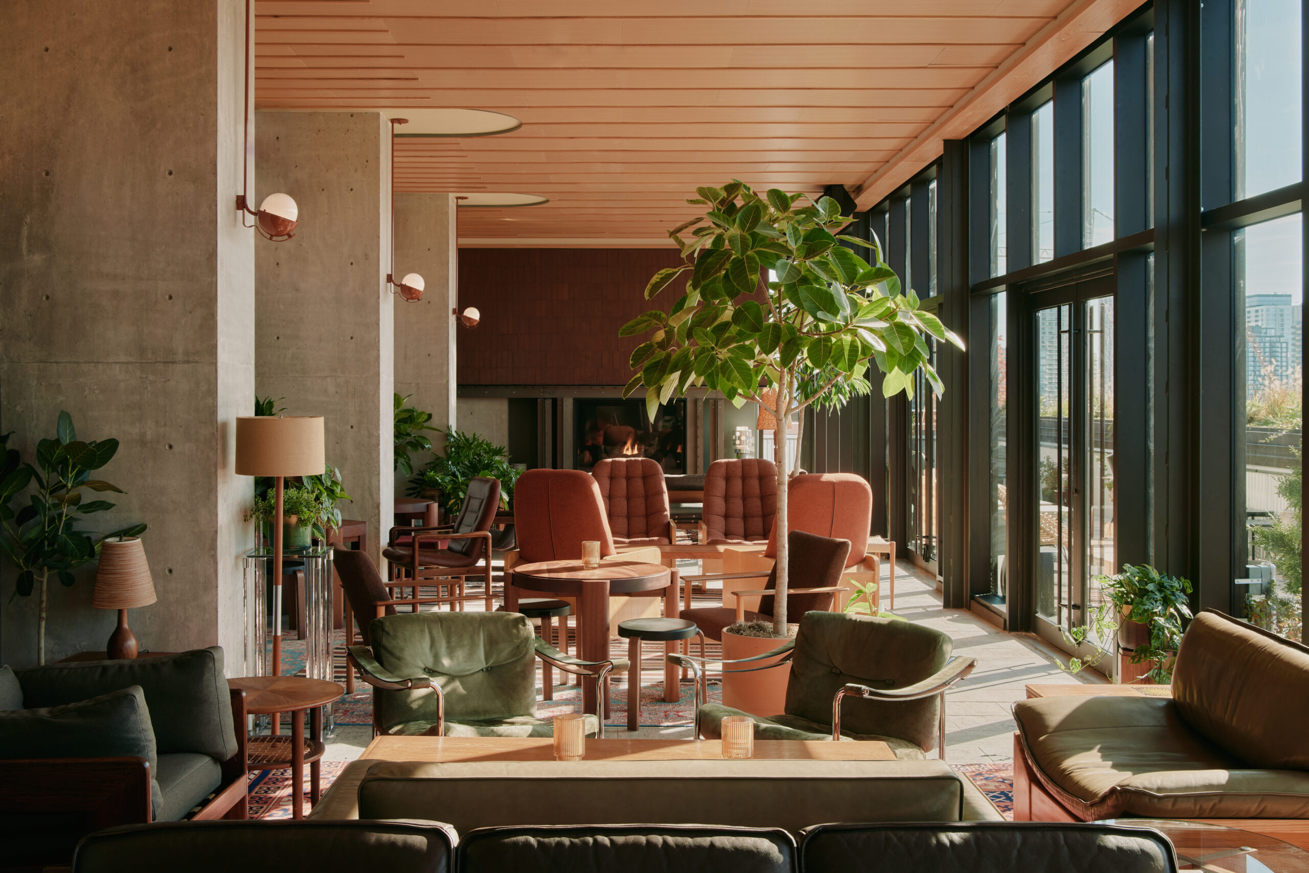 Evangeline | Golden hour interior shot with green plants and low slung seating and tables | Homes Almanac