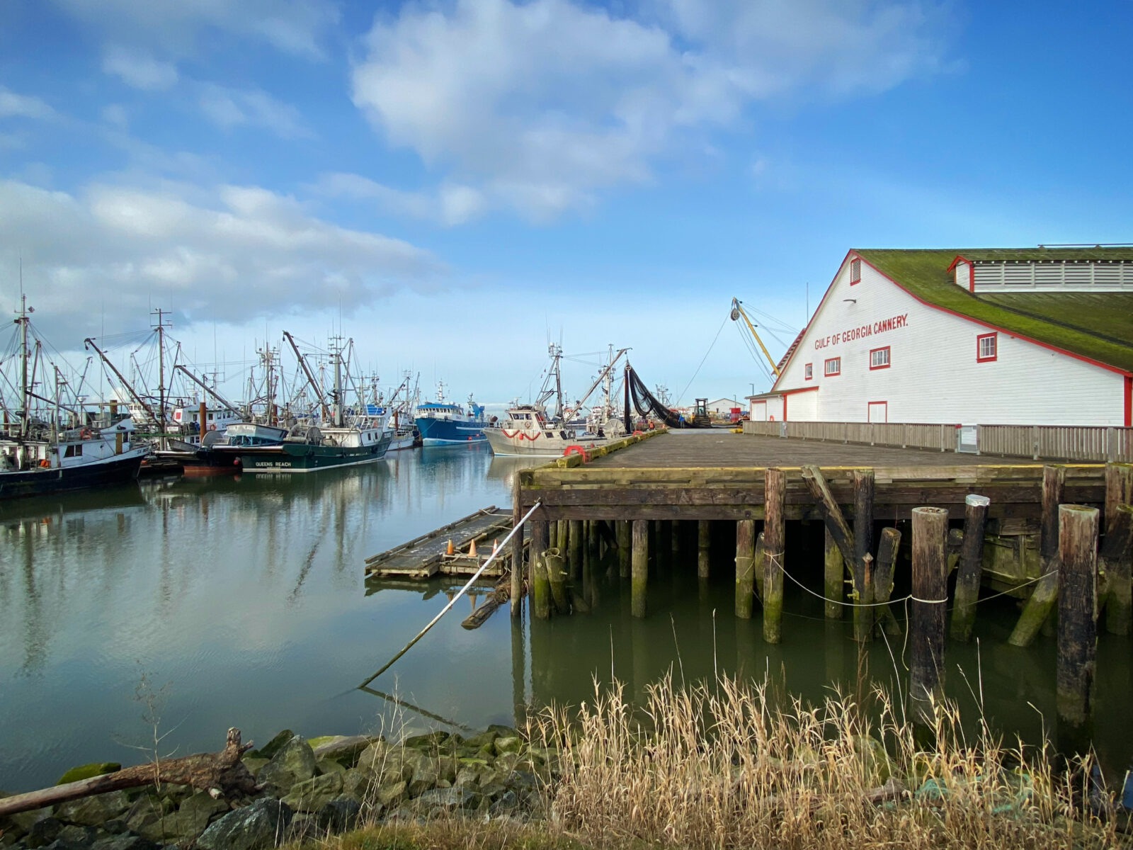 Steveston Japanese Canadian history | Daytime shot of gulf of georgia cannery a white building with red trim and boats on the water | Homes Almanac