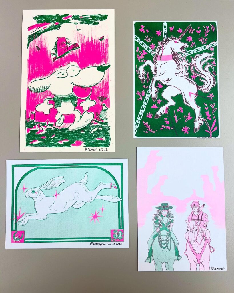 Copycat Studio Risograph Printing Richmond | Four pink and green risograph prints featuring a dog, horse, rabbit, and two characters on horseback, respectively | Homes Almanac