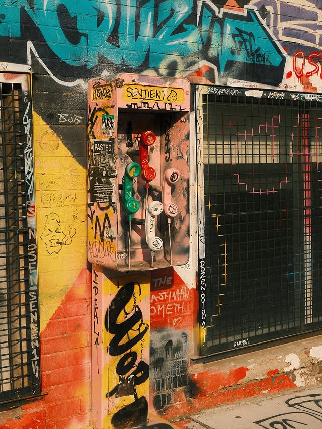 Brightly, multi-coloured phone booth on a sunny day. Image by @graffitialley.to | Queen street toronto street art | Homes Almanac
