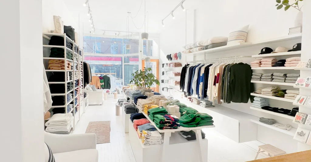 Province of Canada on Ossington | Brightly lit white interior with bold pops of colour from neatly folded and hung clothing | Homes Almanac